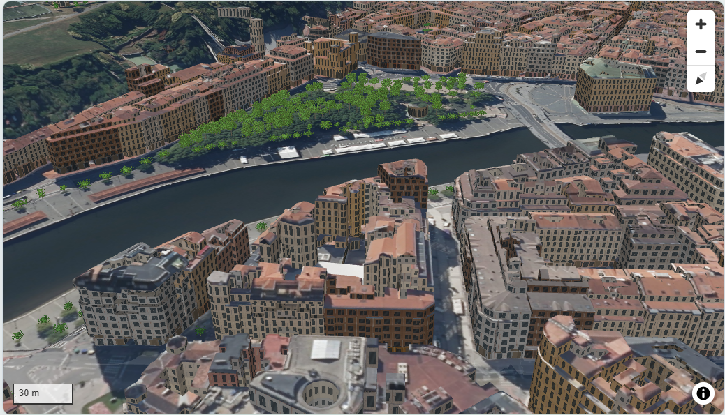 Representación de edificios, espacios públicos y vegetación en un gemelo digital urbano