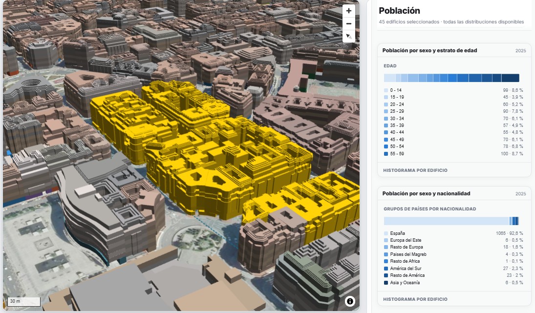 Selection of buildings in 3D with aggregated population distributions by age and nationality